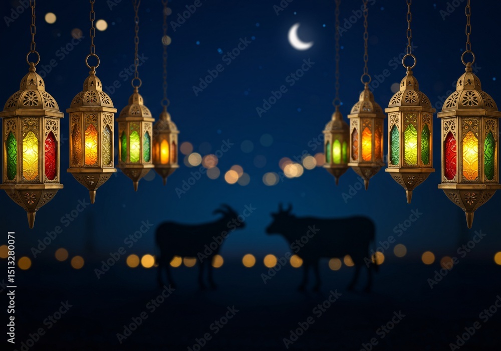 Obraz premium Eid al-Adha Festive Lanterns and Sacrificial Animals Silhouette