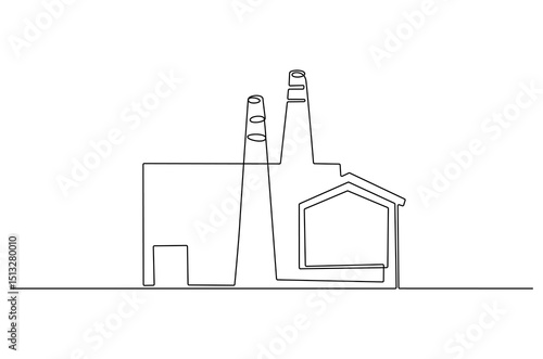 Continuous one line drawing of Green factory building. Single line drawing illustration of Factory building. Modern industrial building concept vector art. Doodle line illustration.