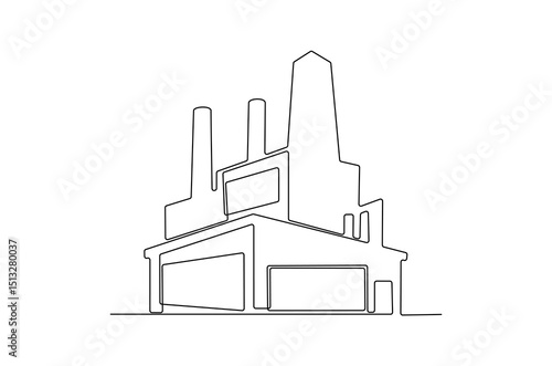 Continuous one line drawing of Green factory building. Single line drawing illustration of Factory building. Modern industrial building concept vector art. Doodle line illustration.