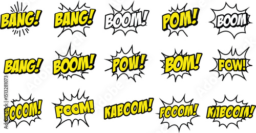Comic speech bubbles set isolated on background. Vector cartoon illustration of black and yellow retro text clouds, kaboom, pop, hey, no exclamation stickers design, surprise bang effect