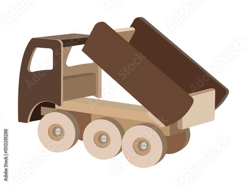 Wooden toy dump truck vector illustration with tilting brown cargo bed on white wood