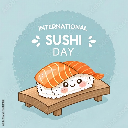 A cartoon image of a piece of sushi hugging a piece of salmon, with the text INTERNATIONAL SUSHI DAY in white against a light blue background.