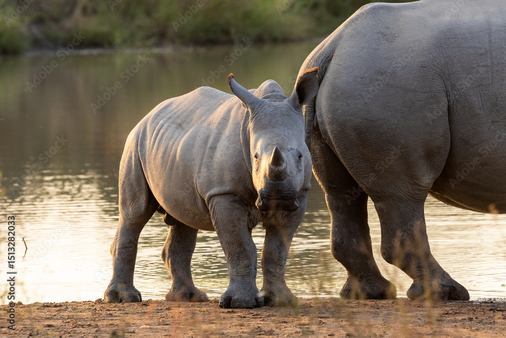 Obraz premium White rhino cow and calf in golden light