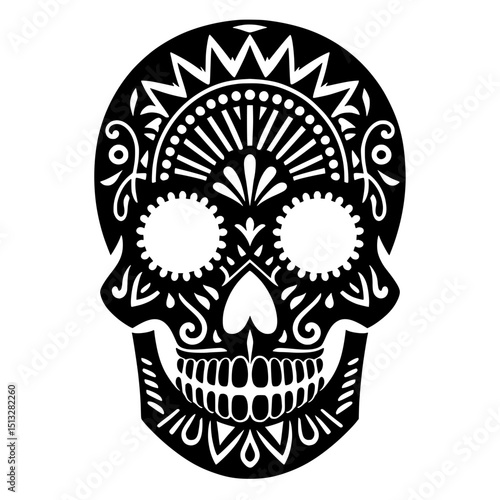 An intricate vector illustration of a sugar skull or calavera, featuring rich ornamental details. 
