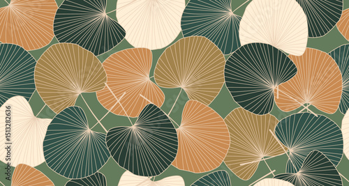 Abstract Tropical Leaves Seamless Pattern with Line Art Hand Drawn Palm Branches. Botanical Hand Drawn Colorful Jungle Background. Surface and Textile Print Design. Vector Illustration