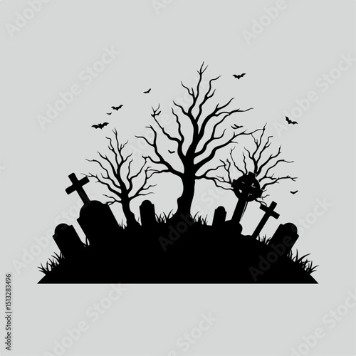Spooky Halloween graveyard scene with spooky trees and tombstones. Halloween scene includes creepy bare trees and several gravestones. Perfect Halloween design for invitations, announcements, or party