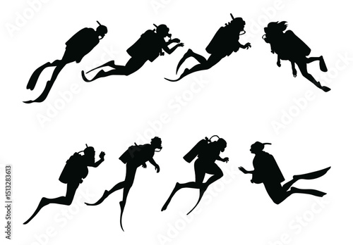 Black silhouette of scuba diving and free divers on a white background