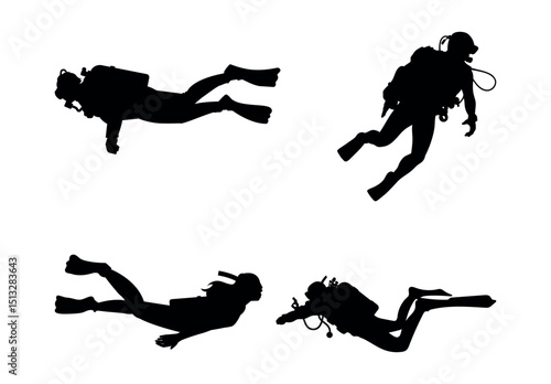 Black silhouette of scuba diving and free divers on a white background