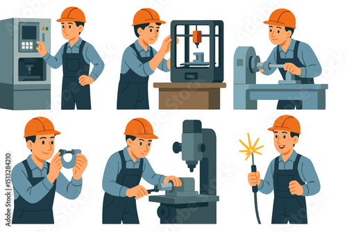 Mechanical engineer working: CNC, 3D printer, lathe, micrometers, milling, welding, flat vector art, emotion, professional action
