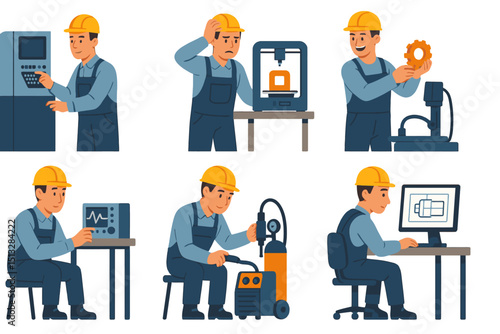 Mechanical engineer actions: CNC programming, 3D printer, milling, oscilloscope, welding, CAD, flat vector art, emotion, professional scenes
