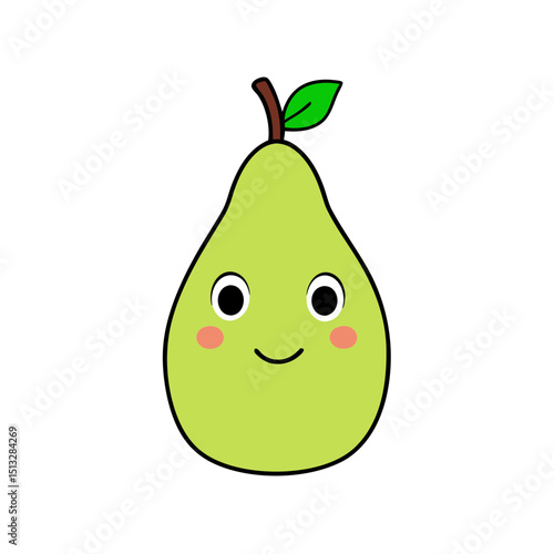 Light Green Pear with Rosy Cheeks and Leaf Hat Flat vector illustration isolated on white background