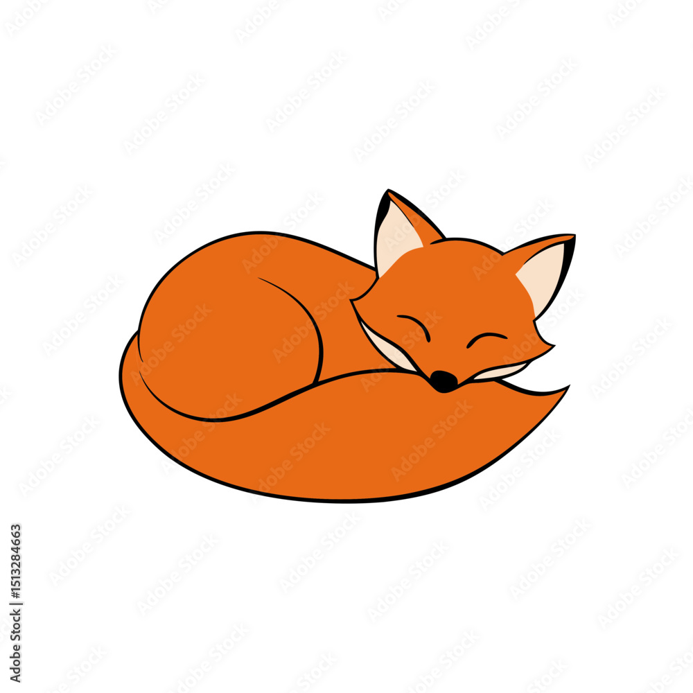 Fototapeta premium Orange Fox Curled Up Sleeping on Soft Pillow Flat vector illustration isolated on white background