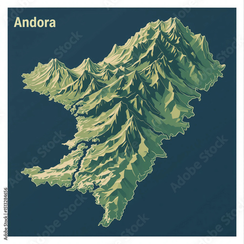 Vector map of Andorra with stylized Pyrenees mountain ridges.