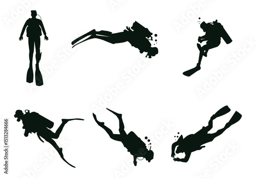 Black silhouette of scuba diving and free divers on a white background