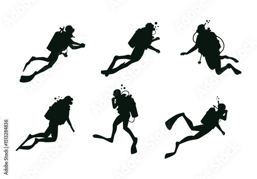 Black silhouette of scuba diving and free divers on a white background