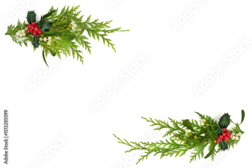 Winter holly, cedar fir and mistletoe on white Christmas background border. Minimal natural festive frame for holiday season, greeting card, gift tag.