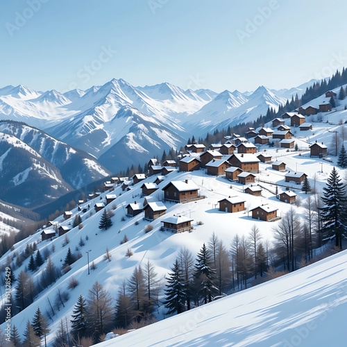 
Snowy hill vector with scattered traditional rooftops in Andorra.
