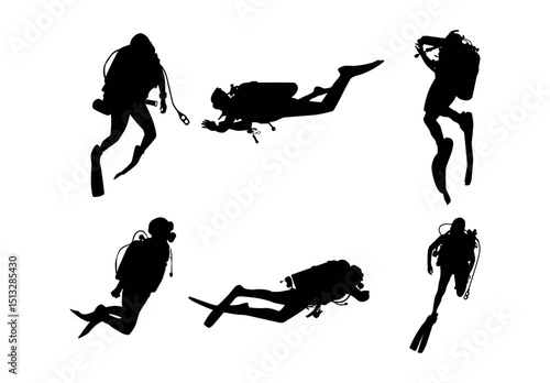 Black silhouette of scuba diving and free divers on a white background