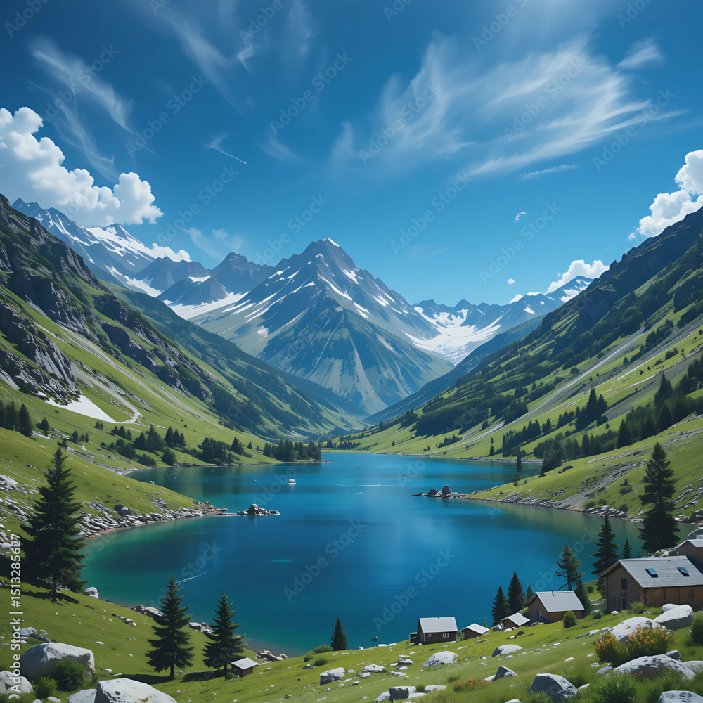 Fototapeta premium Mountain lake scene vector in Andorra’s highlands.