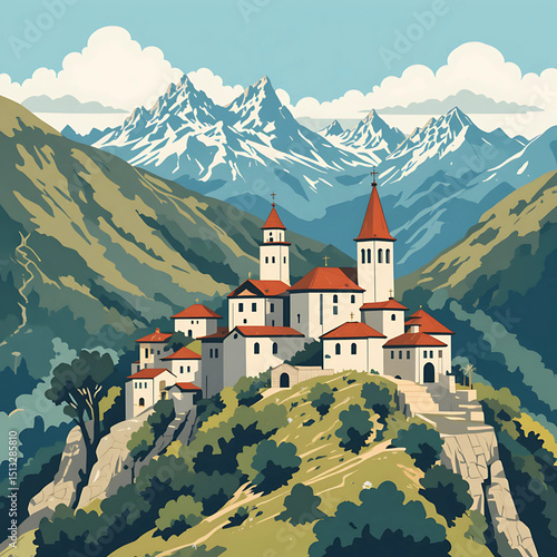 
Stylized vector of hilltop churches and mountains in Andorra.