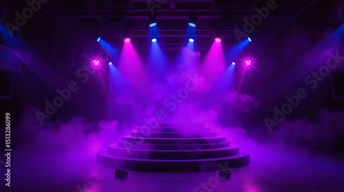 Empty modern stage with blue purple neon spotlight. Stage light background with spotlight illuminated. Modern dance production stage. AI generated image. Perfect for music shows parties