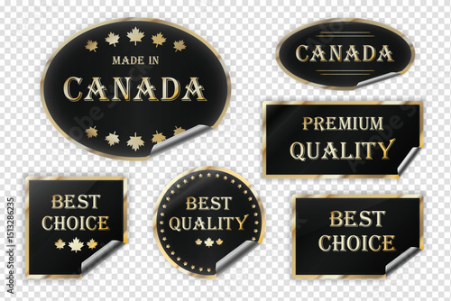 Canada Gold and Black Best Choice, made in Canada, Best and Premium Quality labels (stickers) with maple leaves and wrinkled edges, vector (EPS) illustration, adhesive labels set