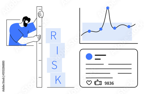 Person assessing risk with a scale, graph showing data trend, and a social media profile with thumbs ups. Ideal for risk analysis, data monitoring, decision-making, analytics, social media, strategy