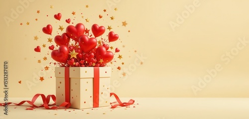 A delightful present bursts open, revealing a shower of floating red hearts and golden stars on a soft yellow background, celebrating love and affection.