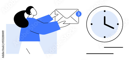 Woman holding an envelope with a notification badge, beside a clock. Ideal for communication, email, notification, productivity, organization, reminders workflow. Flat simple metaphor
