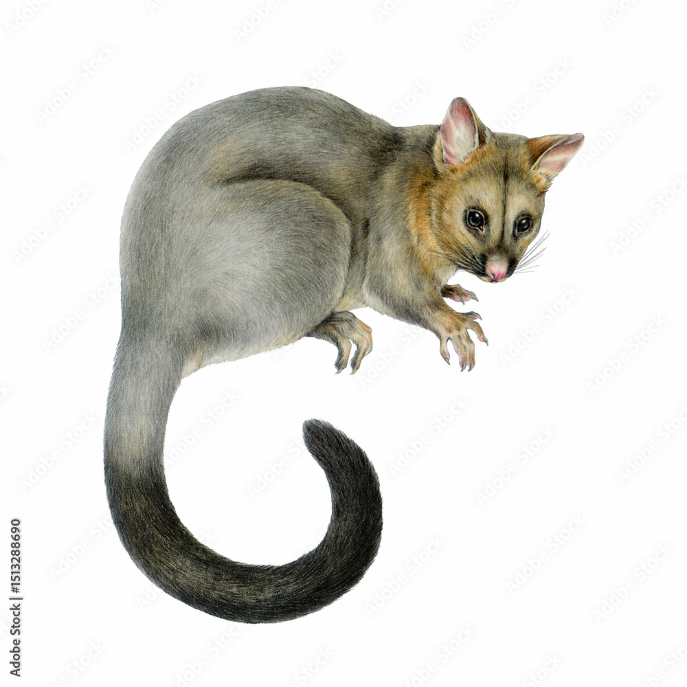 Fototapeta premium Common brushtail possum hand drawn vintage style illustration isolated on white background. Trichosurus vulpecula Australian wildlife marsupial nocturnal mammal side view