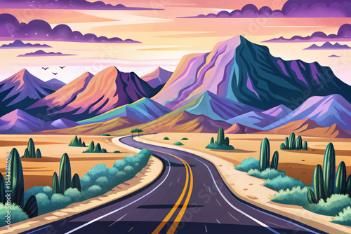 Amazing Long winding road leading off into the mountains landscape. Horizontal purple illustration of asphalt roadway in the evening mountain background illustration