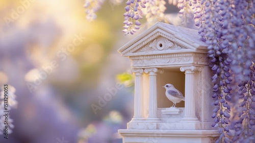 Birdhouse with bird inside surrounded by purple flowers in a garden setting.