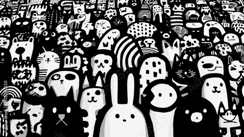 モノクロの沢山の動物キャラクターのベクターイラスト