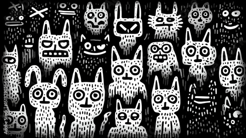 モノクロの沢山の動物キャラクターのベクターイラスト