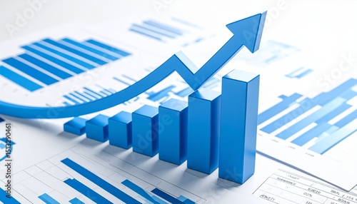 3D bar graphs gradually rising and arranged over various forms of statistical reports and charts spread across a white background