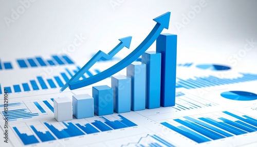 3D bar graphs gradually rising and arranged over various forms of statistical reports and charts spread across a white background