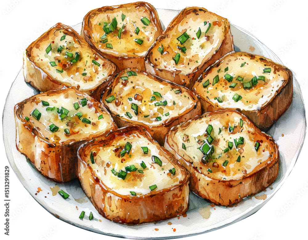 garlic bread on white plate watercolor art drawing painting garlic bread on white plate watercolor art drawing painting