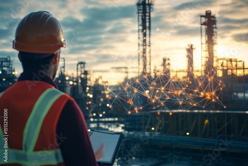 Engineer using digital tablet in smart industrial refinery with connected technology at sunset