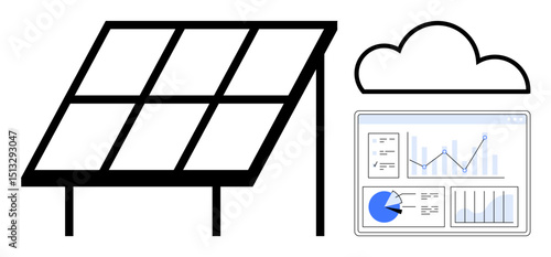 Solar panel, data cloud, and analytics dashboard with charts showcasing data tracking and energy efficiency. Ideal for sustainability, renewable energy, technology, environment, energy monitoring