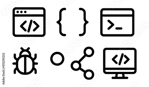 Outline with Fill icon set for software development: code window, brackets, deploy icon, terminal, bug icon, commit sign, git branch, monitor with script.