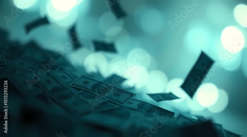Teal-toned image of many dollar bills falling