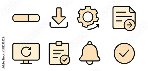 Outline with Fill vector icons of software updates: progress bar, download arrow, updated gear, changelog doc, reboot screen, patch note, update bell, checkmark circle.