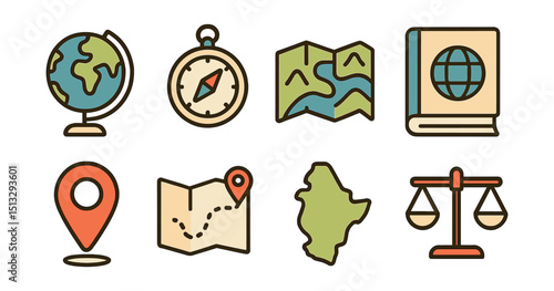 Outline with Fill icon set for geography learning: world globe, compass, terrain map, geography book, location pin, travel route, country outline, scale icon.
