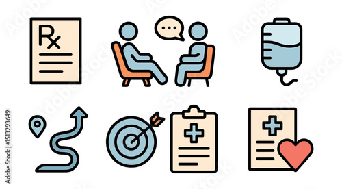Outline with Fill style icons of treatment procedures: prescription page, therapy icon, IV fluid, bandage roll, recovery path, health goal, treatment note, care plan.