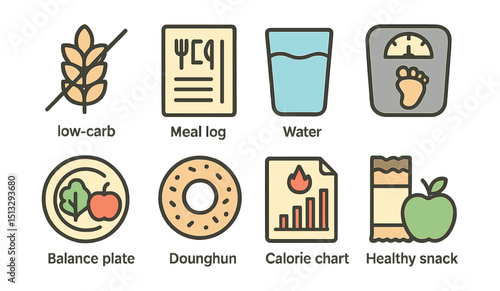 Outline with Fill style icons of diet tracking: low-carb icon, meal log, water glass, goal weight, balance plate, cheat day, calorie chart, healthy snack.