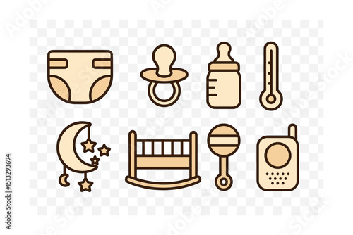 Outline with Fill style icons of baby care: diaper icon, pacifier, baby bottle, thermometer, lullaby icon, cradle, rattle toy, baby monitor.