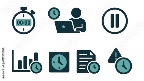 Two-Color vector icons of time tracking: digital stopwatch, work session icon, pause timer, break counter. Weekly time graph, time block, hour report, overtime warning.