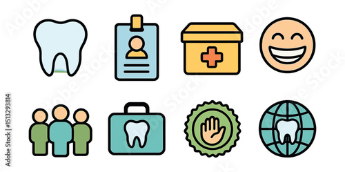 Outline with Fill style icons of dental volunteer missions: global tooth icon, volunteer badge, supply box, patient smile, outreach team, travel case, humanitarian stamp, dental globe.