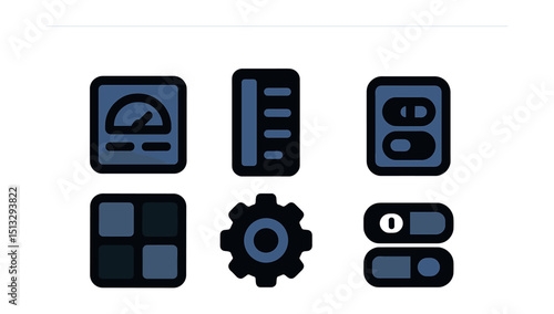 Two-Color vector icons of productivity app UI: dashboard icon, side panel, quick access bar, workspace grid. Dark mode, settings gear, daily view, toggle controls.