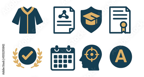 Two-Color vector icons of academic: academic gown, research paper, university badge, thesis document. Peer-reviewed icon, academic calendar, study focus, grade point icon.
